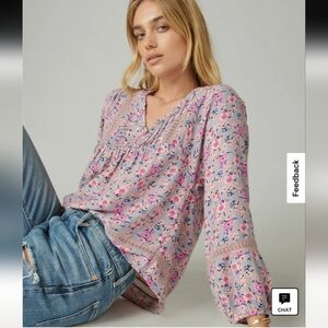 Lucky Brand Pintuck Lace Long Sleeve Floral Top